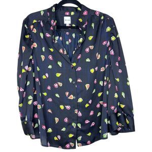 NIC+ZOE Button Front Blouse 2X Black Multicolor Print Long Sleeve Top Polyester